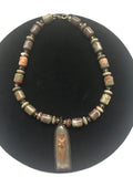 Carved Wood Pendant of Indian Deity and Moss Agate Beads Necklace
