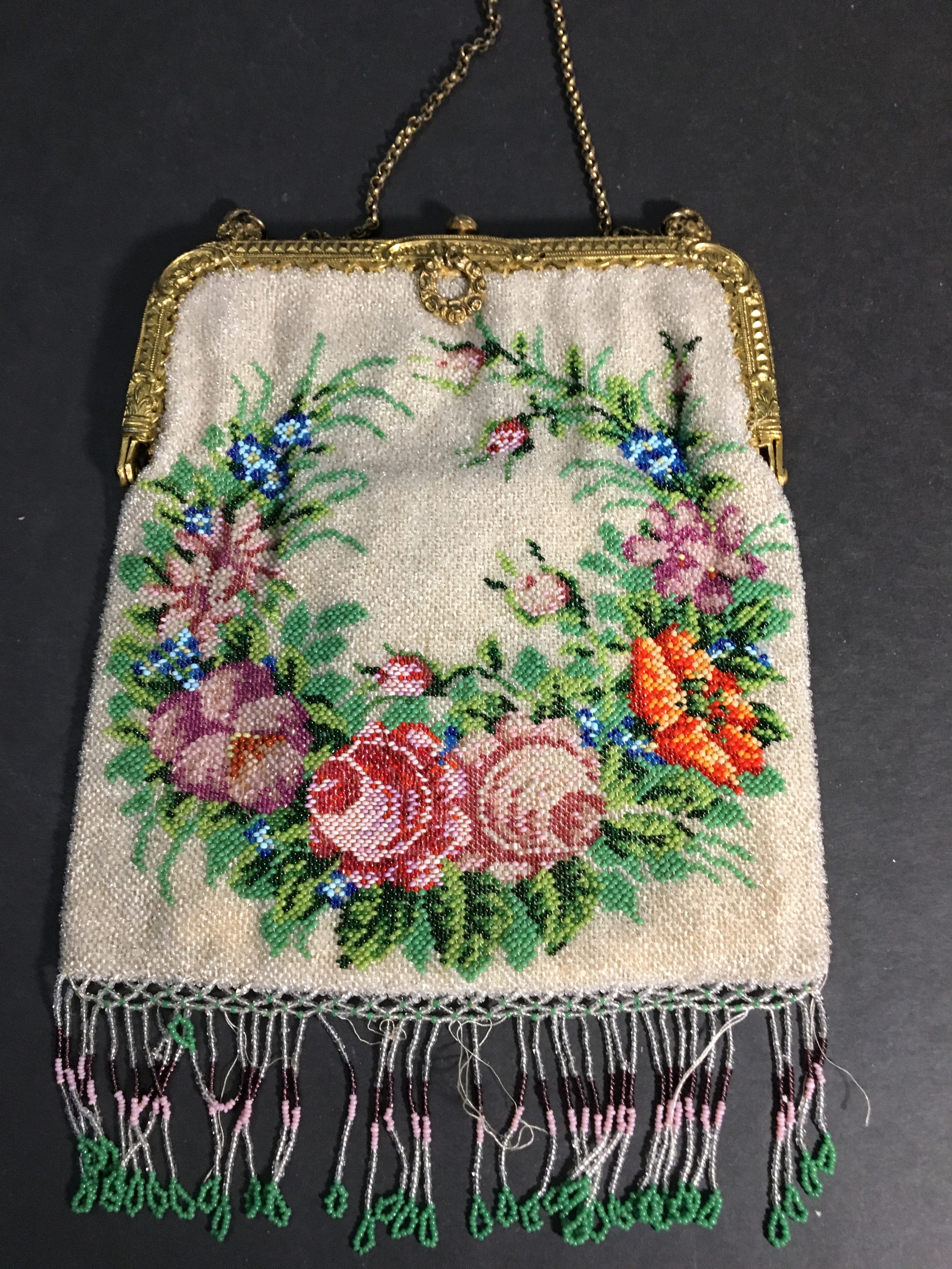 Antique Microbeaded Purse Large Floral 1920s Beaded Purse 