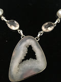 White Druzy Necklace with River Pearls