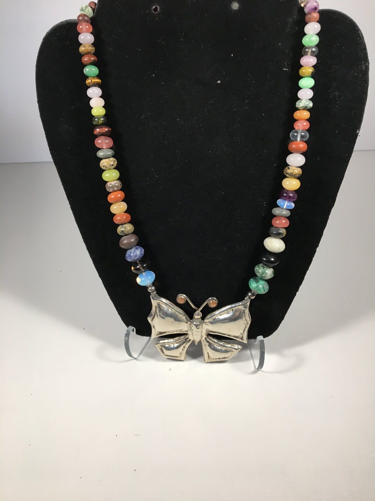Sterling Silver Butterfly Pendant with Graduating colorful glass bead necklace