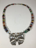 Sterling Silver Butterfly Pendant with Graduating colorful glass bead necklace
