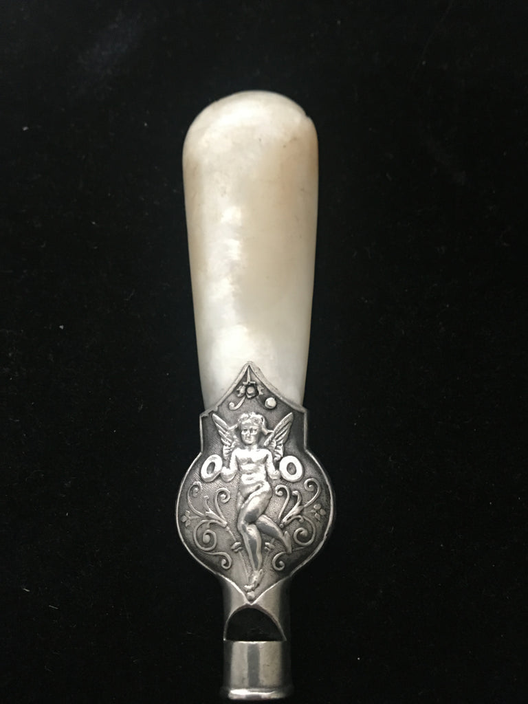 Cute Sterling Silver and Mother of Pearl Baby Teething Stick with Whistle