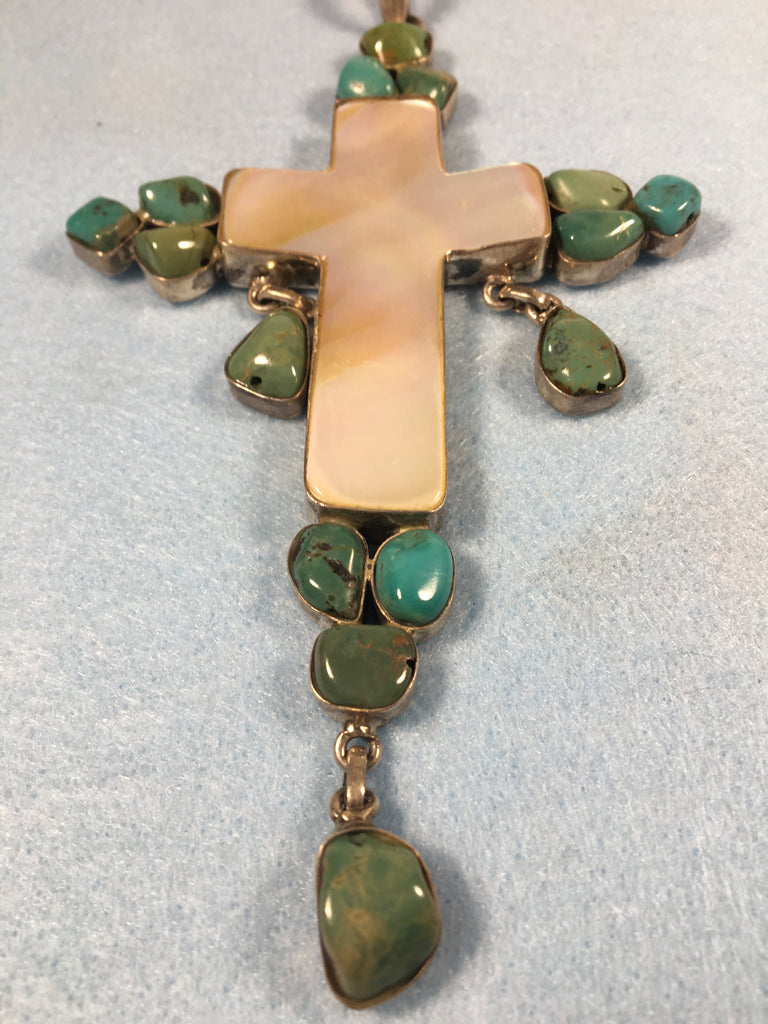 Sterling Silver and Mother of Pearl Cross Pendant with Nevada Turquoise Stones