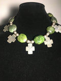 Beautiful Faceted Serpentine Stone Necklace with Sterling Silver Crosses