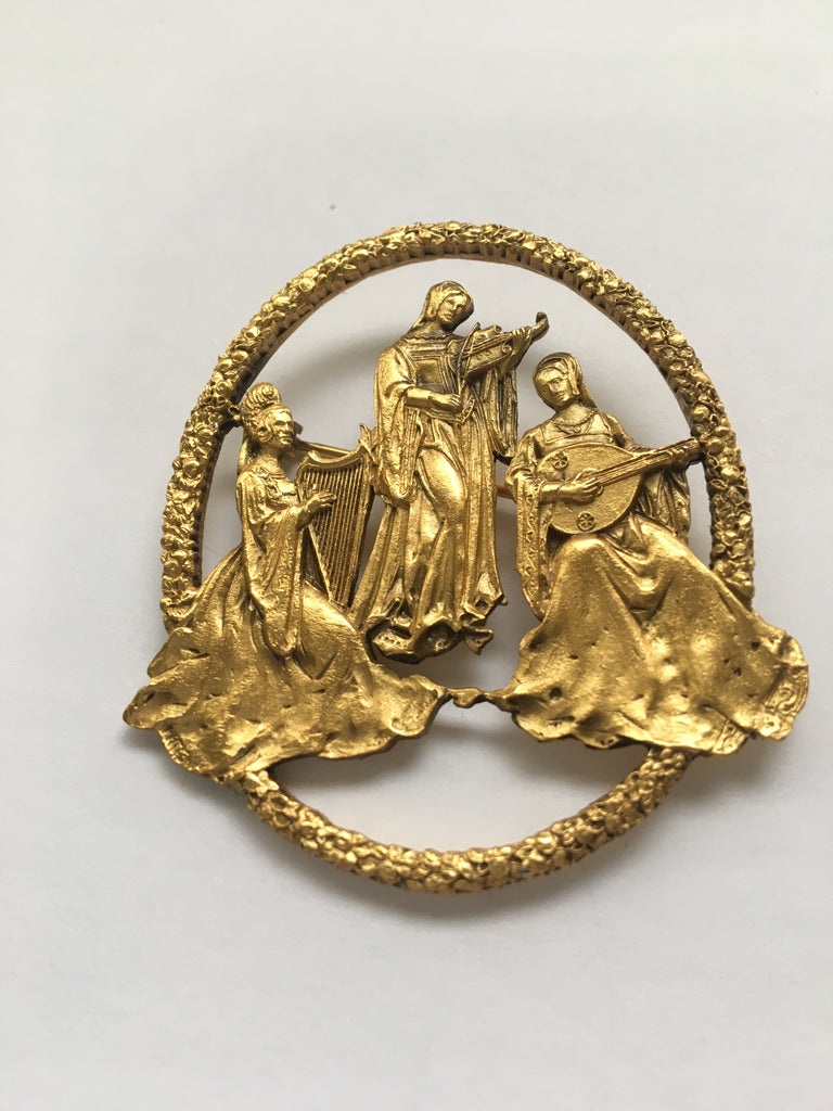 Vintage Brooch of Medieval Maidens Playing Instruments from MFA
