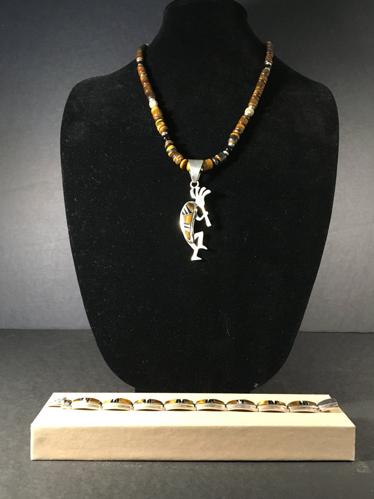 Handcrafted Sterling Silver Kokopelli Pendant and Bracelet w/ Tiger's Eye Stones