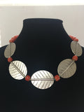 Elegant Handmade Powder Glass Coral Beads and Sterling Silver Leaf Necklace