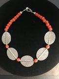 Elegant Handmade Powder Glass Coral Beads and Sterling Silver Leaf Necklace
