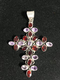 Gorgeous Garnet and Amethyst Gemstone Cross Pendant Necklace