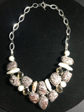 Majestic Grey Jasper Necklace with Biwa Pearls and Mother of Pearl Stones