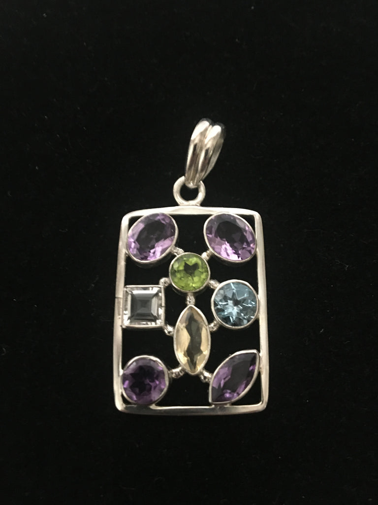Faceted Amethyst and Multi-gem Square Pendant set in Sterling Silver