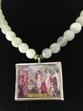 Unique Light Green Agate Necklace with Stamp Pendant and Earrings