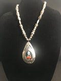 Sterling Silver Bead Necklace w/ Turquoise and Coral Pendant Atkinson Trading Co