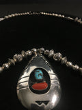 Sterling Silver Bead Necklace w/ Turquoise and Coral Pendant Atkinson Trading Co