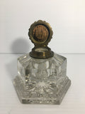 Vintage Solid Cut Glass Inkwell with Art Deco Styled Brass Top