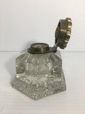 Vintage Solid Cut Glass Inkwell with Art Deco Styled Brass Top