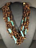 Blue Ceramic Barrel Bead and Brown Round Bead Hand Made Bib Necklace