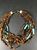 Blue Ceramic Barrel Bead and Brown Round Bead Hand Made Bib Necklace