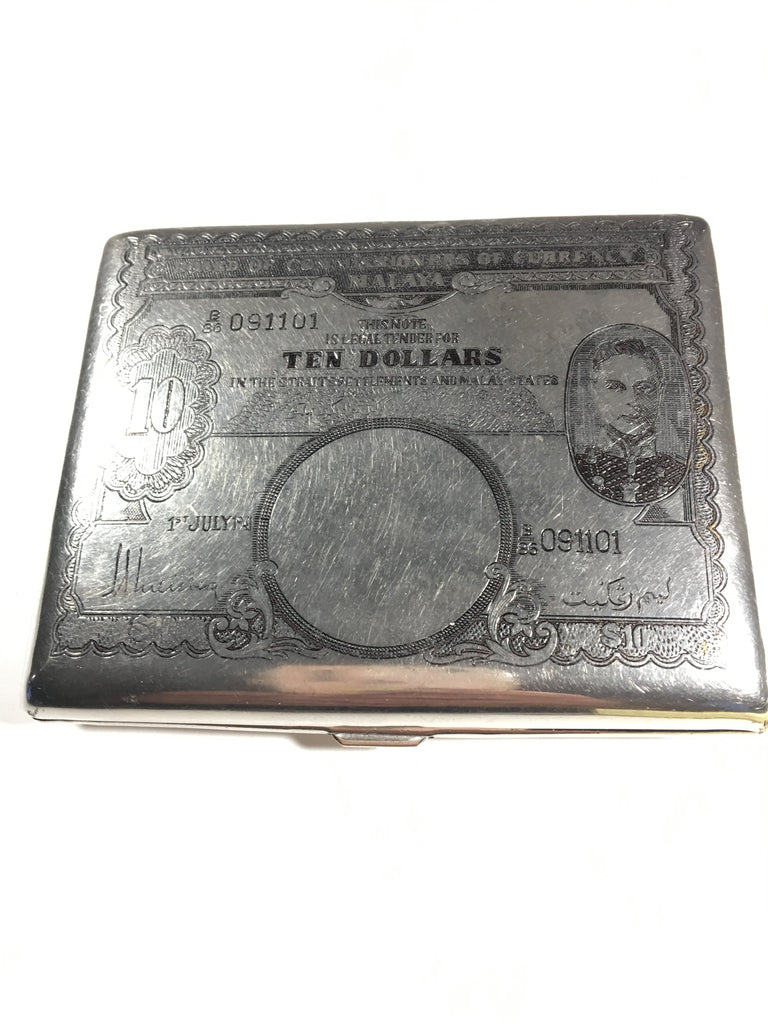 Vintage 1950's Silver Plate Cigarette Case with Malaya Currency Etching