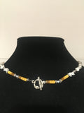 Gorgeous Sterling Silver and Amber Pendant Necklace with Solitaire Pearl