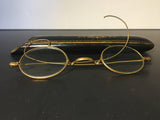 Antique Papier Mache Eyeglass Case w/ Vintage Wire Frame Glasses