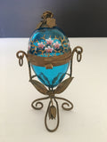 Beautiful Hand Painted French Clear Azure Art Glass Egg Casket w/ Bronze stand