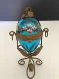 Beautiful Hand Painted French Clear Azure Art Glass Egg Casket w/ Bronze stand
