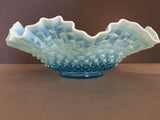 Vintage Hobnail Blue Glass Fruit Bowl with Ruffled Edge