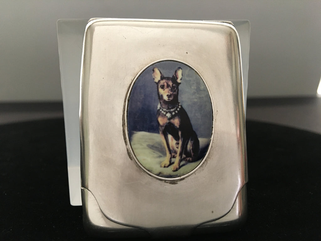 Antique Sterling Silver Vesta/Match Safe with Enamel Doberman Guard Dog