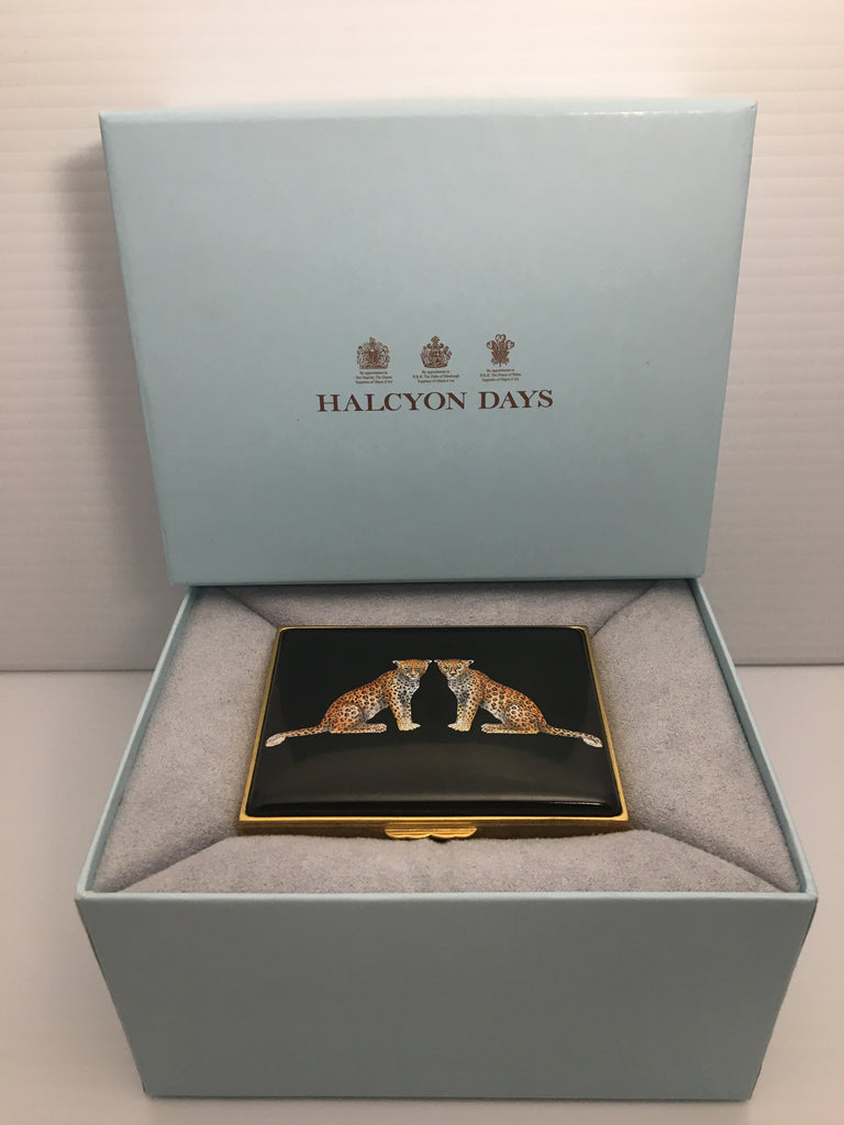 Beautiful Halcyon Days Twin Leopards Black Enamel Box