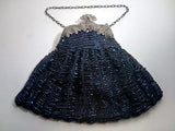 Vintage Silver Frame Art Deco Blue Knit Crochet Purse w/Glass Beads